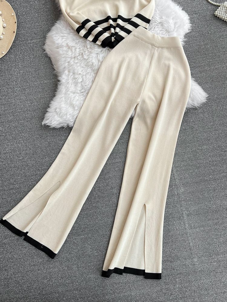 2024 Nuevo traje de moda para mujer primavera estilo coreano cuello en V suelto contraste de color tejido de dos piezas cintura alta pantalones de pierna ancha_voghion.com