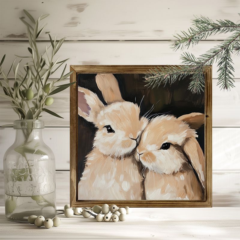 Affascinante decorazione da parete a forma di coniglietto rustico - 20x20 cm con cornice in legno e finitura lucida. Perfetta per la cameretta dei bambini, il soggiorno o come regalo di Pasqua._voghion.com