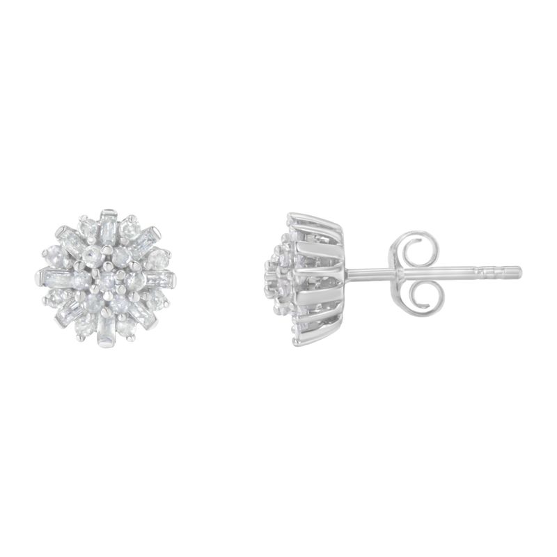 .925 Sterling Silver 1/2 Round and Baguette Diamond Sunburst Floral Cluster Stud Earrings (I-J Color, I3 Clarity)_voghion.com