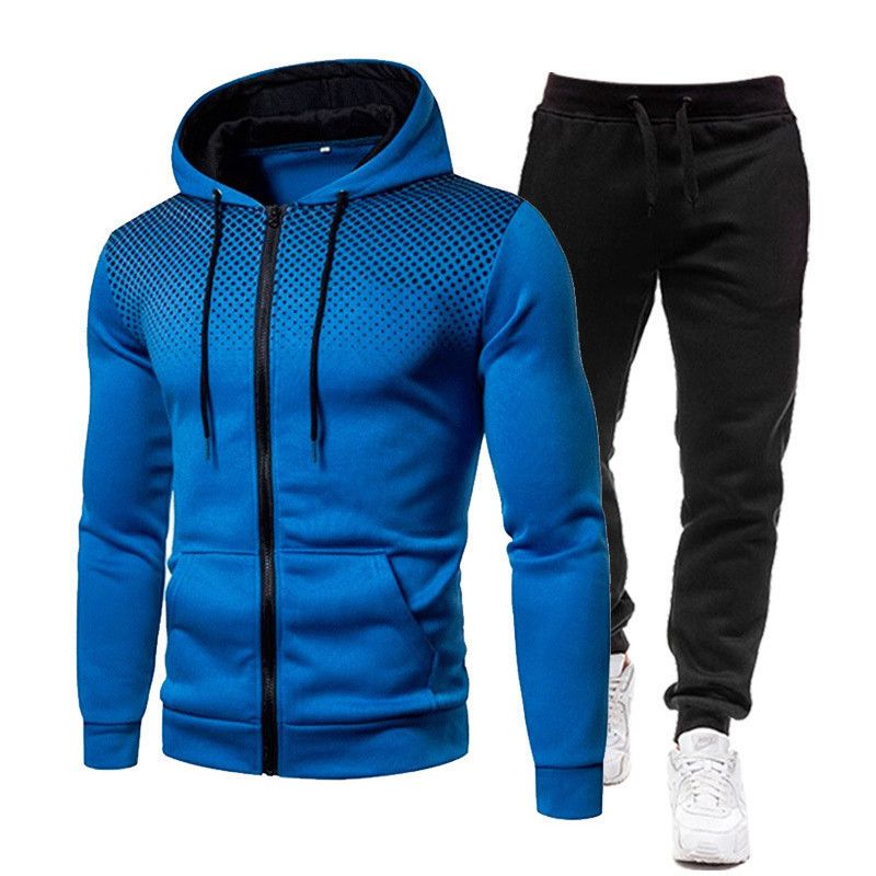 Autumn Winter Fleece Polka Unisex Sports Hoodie Dot Men Solid Color Zipper Sweatshirt Sweatpants Set_voghion.com