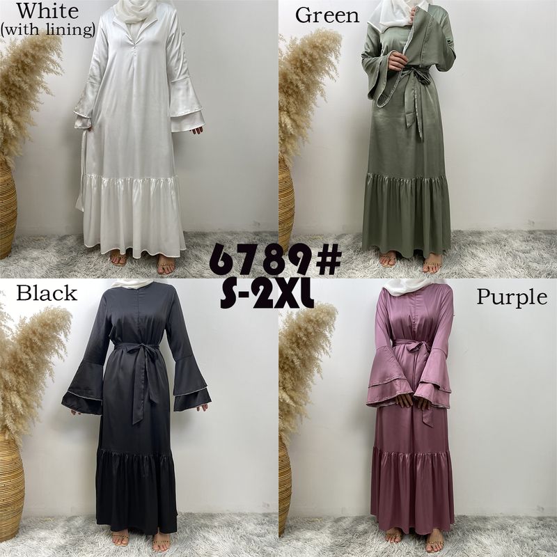 Yeni Saten Müslüman Kadın Elbisesi Çift Çan Kollu Abaya Lüks Dubai Elmas Uzun Elbise Etek Ucu Eklemeli Kaftan Faslı Kadın Zarif_voghion.com