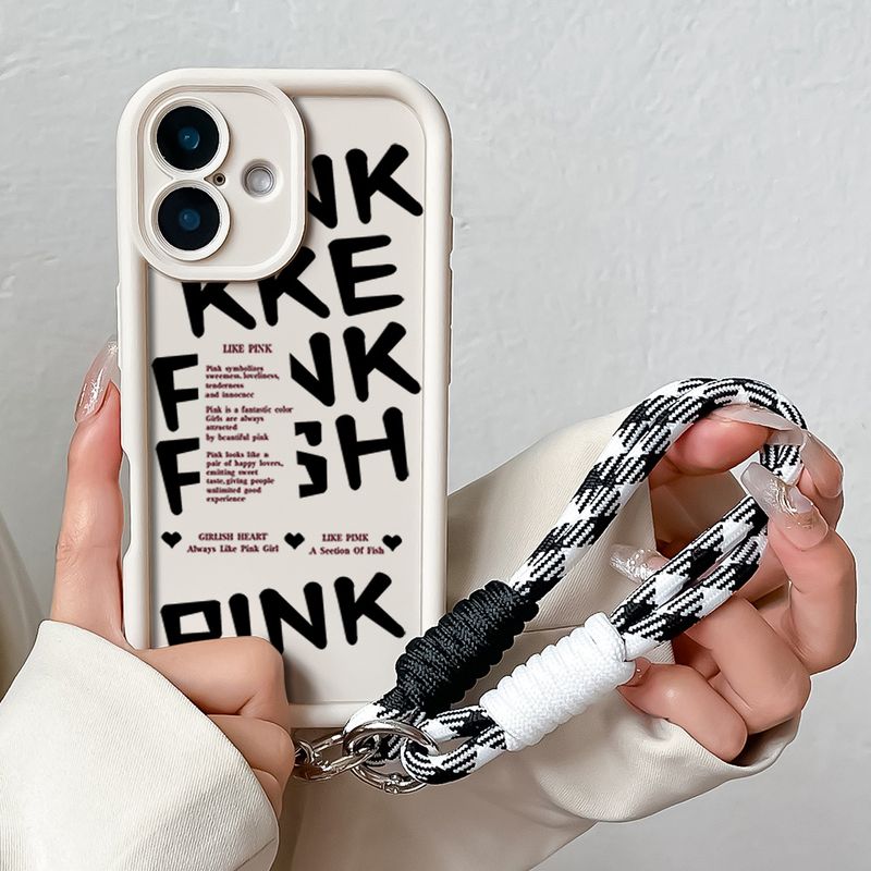 Wrist Chain Lanyard Case For iPhone 16 Pro Max Cases iPhone 16 Plus English Words Soft Silicone Shockproof Hang Strap Cover_voghion.com