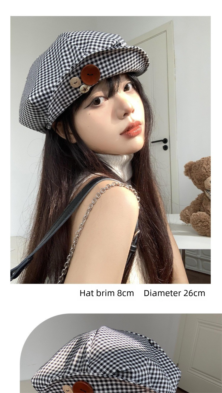 Cappello da artista coreano con nuvola, berretto con tesa pied de poule, design di nicchia, bottone che snellisce il viso letterario_voghion.com