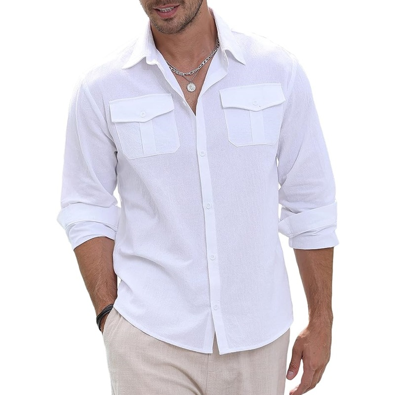 Herren Leinen Button Down Sommer Strand Casual Einfarbig Baumwolle Langarmhemd Tops_voghion.com