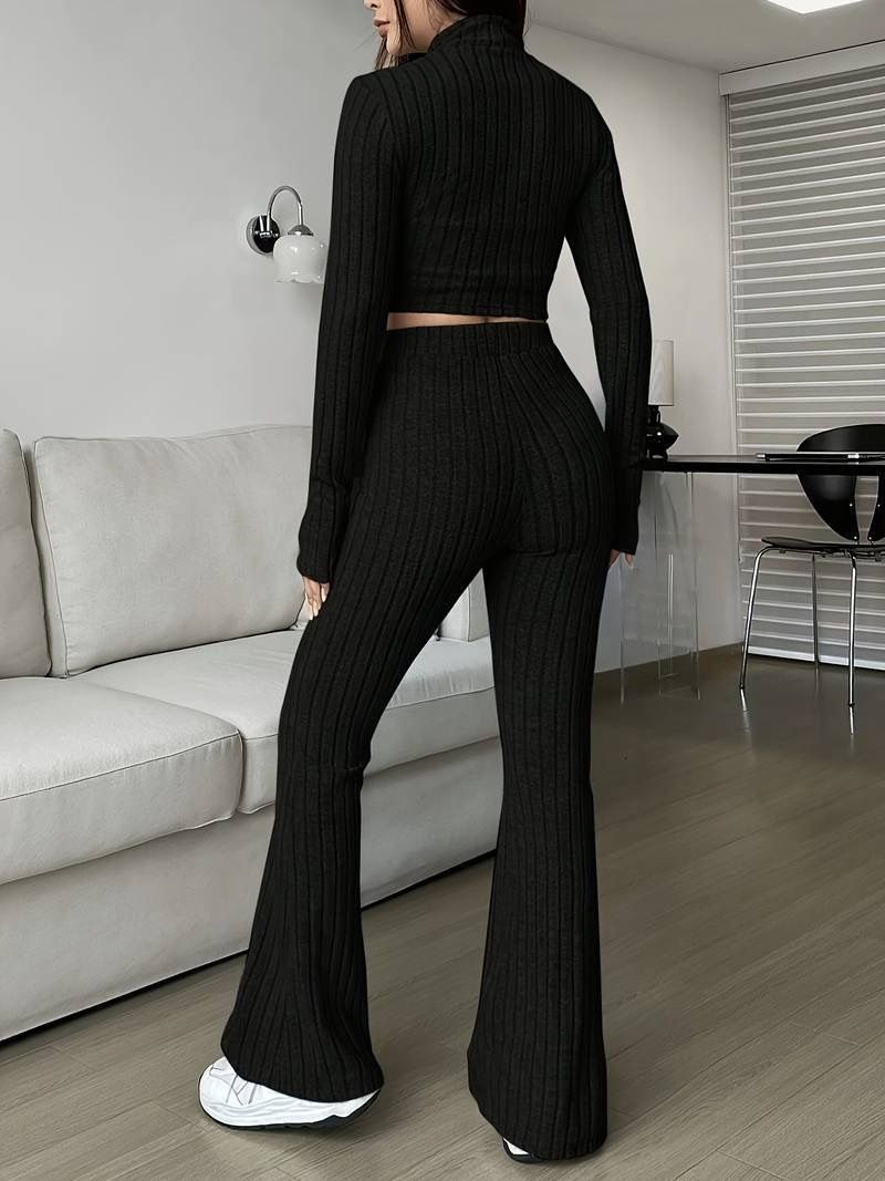 Fashion Solid Color Ribbed Two Piece Set Zipper Long Sleeve Crop Top And High Waist Flared Pants Set Women's Casual_voghion.com