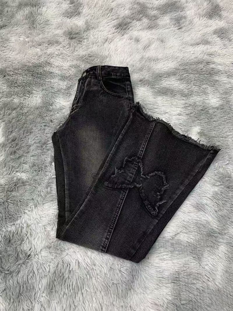 Jeans a zampa elasticizzati da donna – Pantaloni in denim bootcut a vita alta con fiocco (nero, blu oceano) – S/M/L/XL/XXL_voghion.com