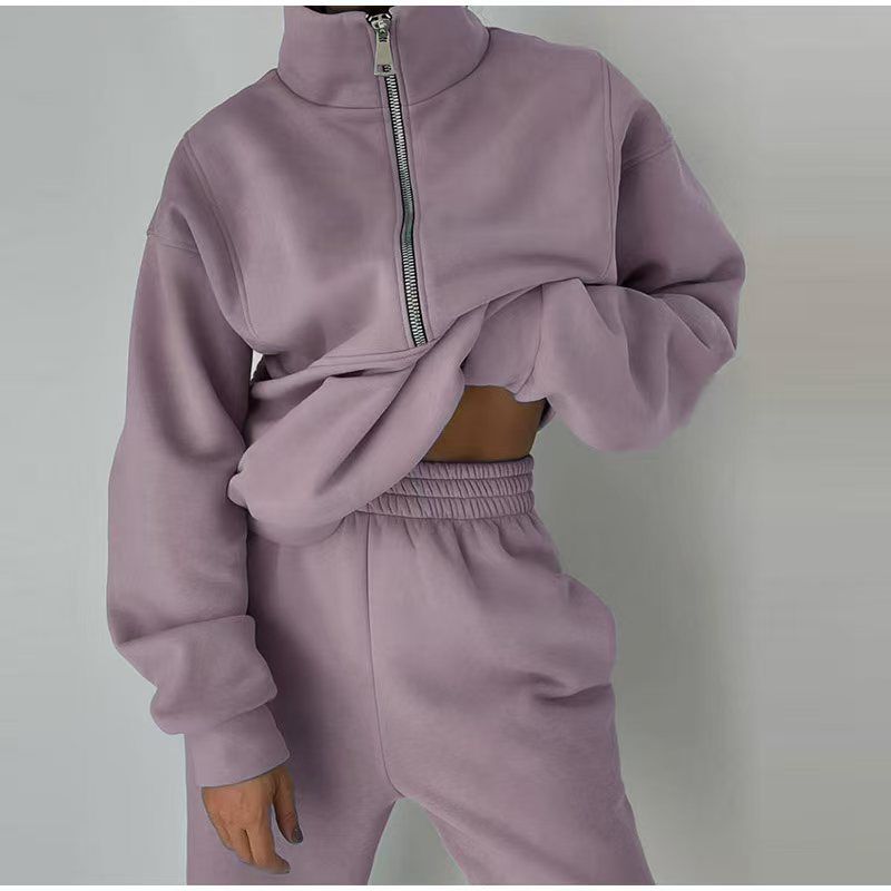 Treten Sie ein in Mode, Freizeit, Sport, Zuhause, lockerer, bequemer Reißverschluss, Fleece, gestrickter Hoodie und Hose, zweiteiliger Damenpullover_voghion.com