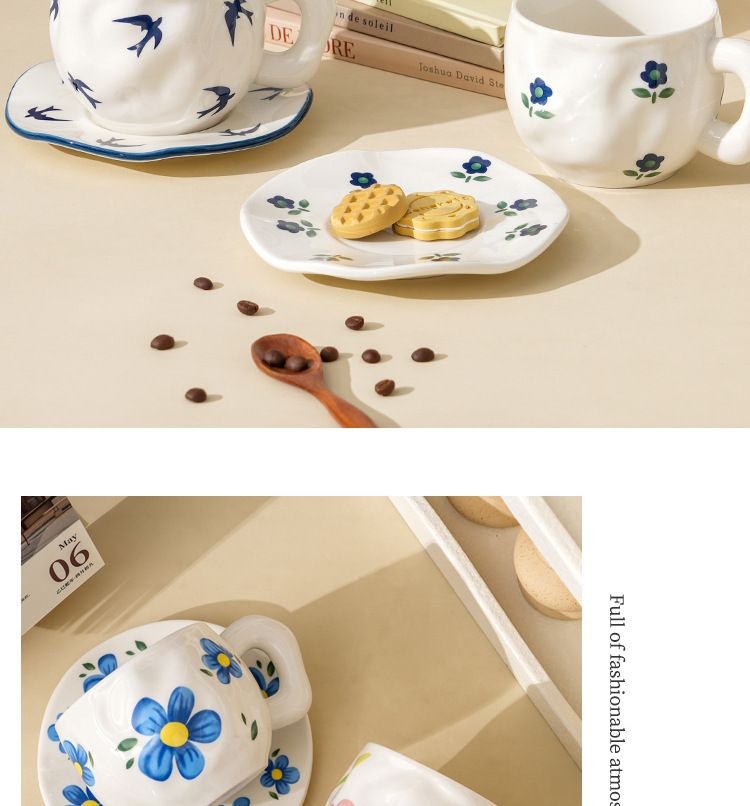 Ins Style Ceramic Coffee Pinched Hand Painted Irregular And Saucer High Aesthetic Breakfast Cup_voghion.com