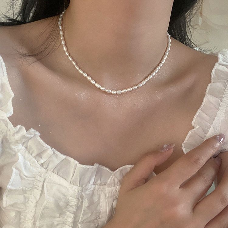 Collana con perle d'acqua dolce da donna, stile retrò francese, semplice, versatile, elegante, alla moda, con catena per clavicola_voghion.com
