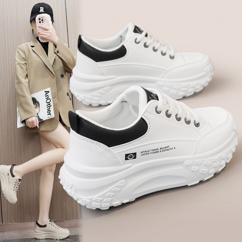 Q058 New 2024 Spring/Summer Elevated Thick Sole Women's Casual Colored Round Head Sports Shoes Leather Wear Resistant_voghion.com