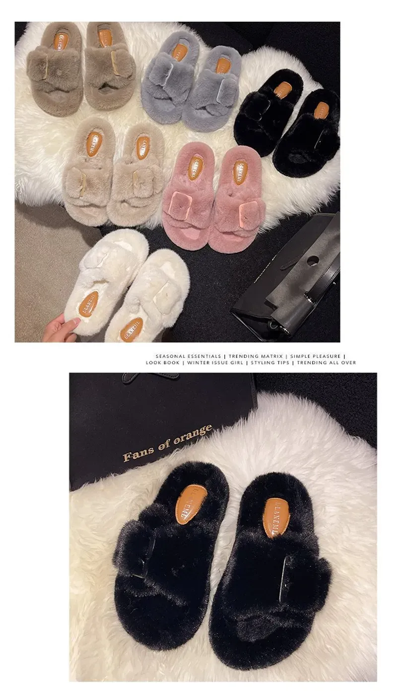 Kostenloser Versand! Designer-Hausschuhe für Damen, ideal für den Winter, drinnen und draußen. Warme, lässige Plüschsandalen in Schwarz, Weiß, Grau und Rosa._voghion.com