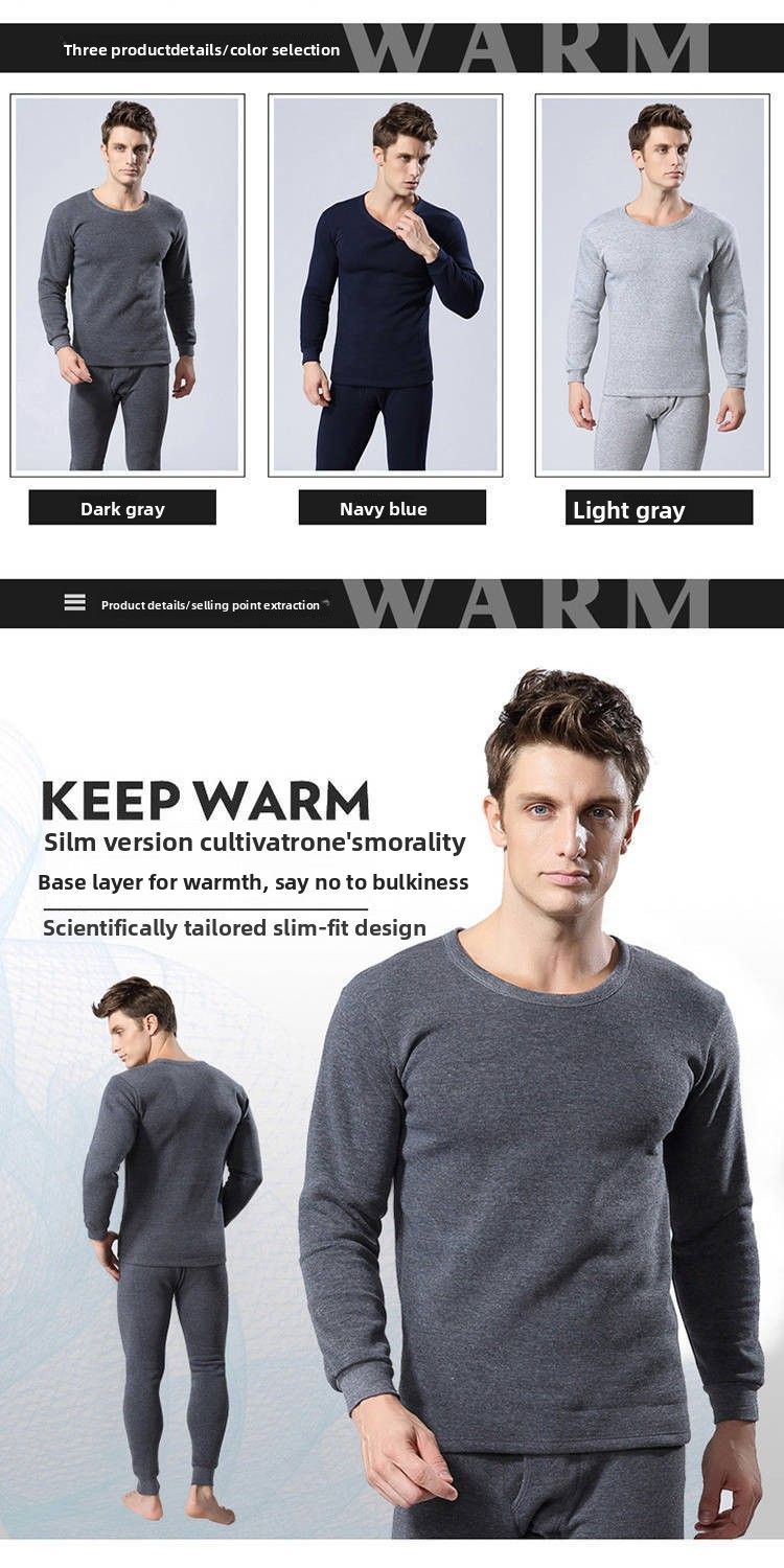 Herren Thermounterwäsche mit Fleecefutter, verdickt, Wintermode, Slim Fit, lange Unterhose, Rundhalsausschnitt_voghion.com
