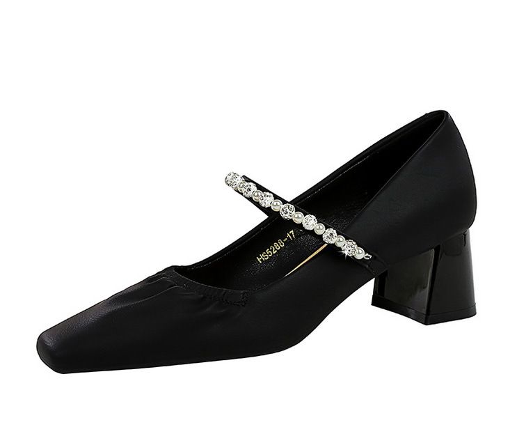 5288-17 Scarpe da donna con tacco medio e spesso, versione coreana, con punta quadrata, punta bassa, strass di perle, dritte_voghion.com