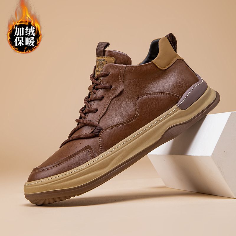 Oberschicht-Sneaker aus Rindsleder mit hoher Oberseite, warm, für den Winter, Baumwolle, mit Fleece gefüttert, dickbesohlte Sport- und Freizeitschuhe für Herren_voghion.com