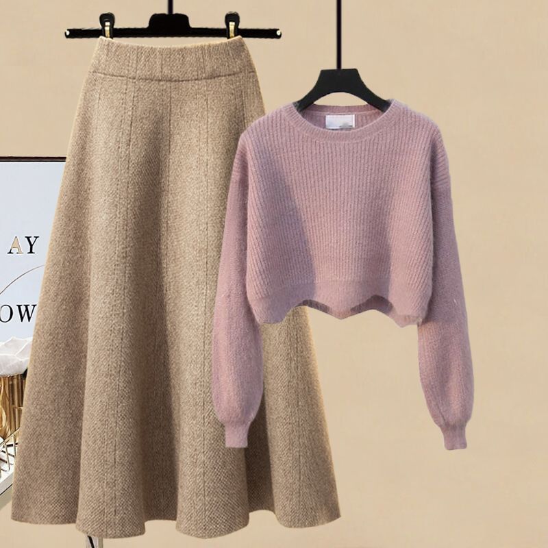 Ensemble d'hiver grande taille pour femme - Pull en maille douce et jupe trapèze flatteuse (deux pièces) (Plusieurs coloris disponibles)_voghion.com