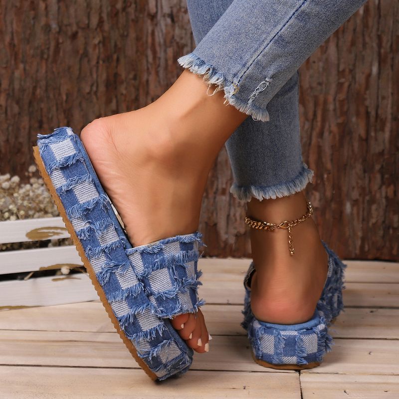 Plus-Size-Slipper mit wolligem lässigem Denim-Plaid-Fransen-Plateau-Slipper Lady_voghion.com