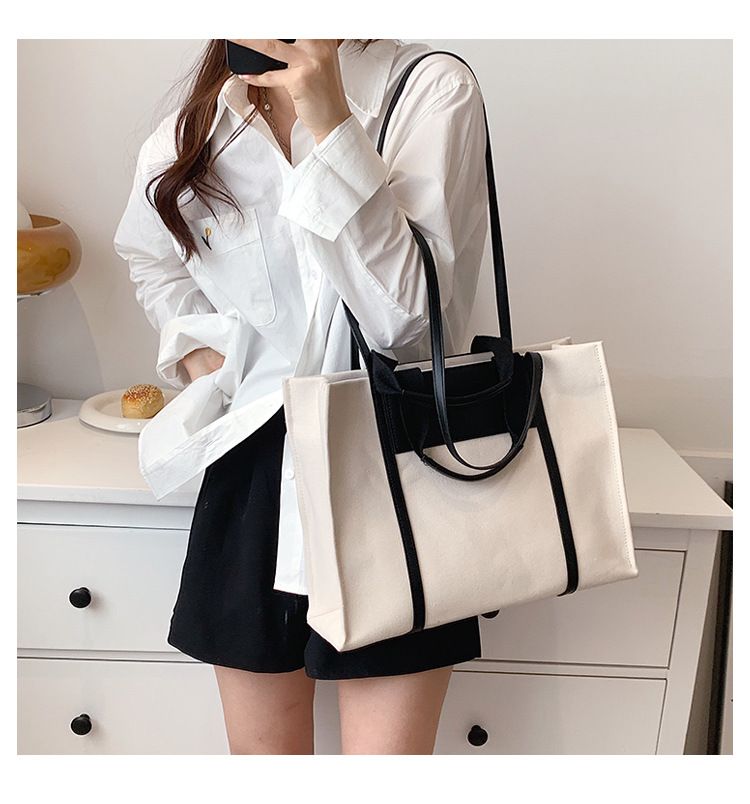 Borse tote da donna, semplici borse tote da donna con colori di tela a contrasto e tracolla singola di grande capacità._voghion.com