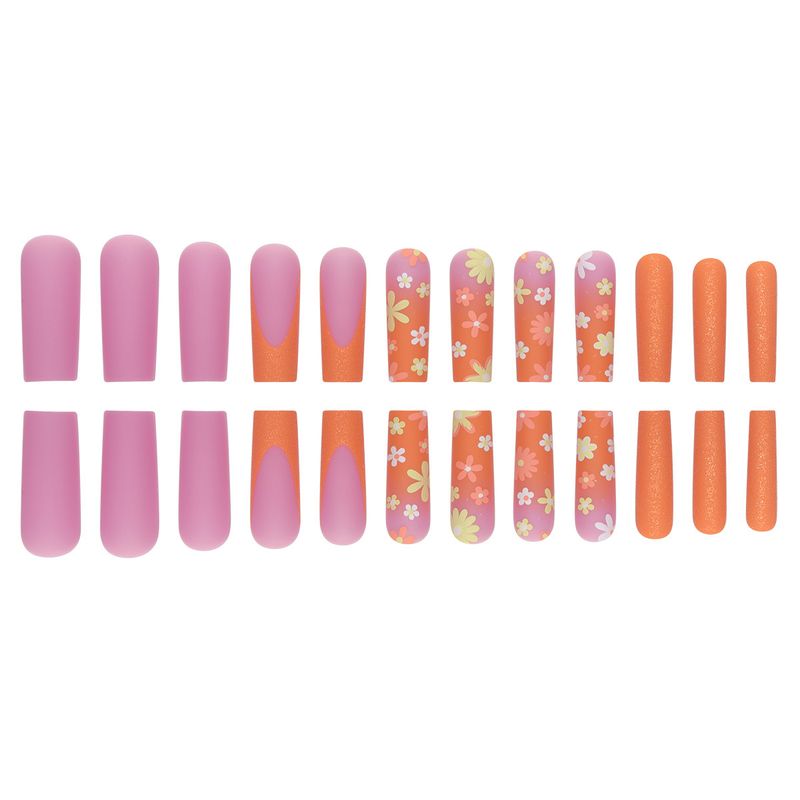 Unghie finte arancioni opache con disegni floreali multicolor - Unghie finte riutilizzabili per donna (opzioni colla/adesivo)_voghion.com
