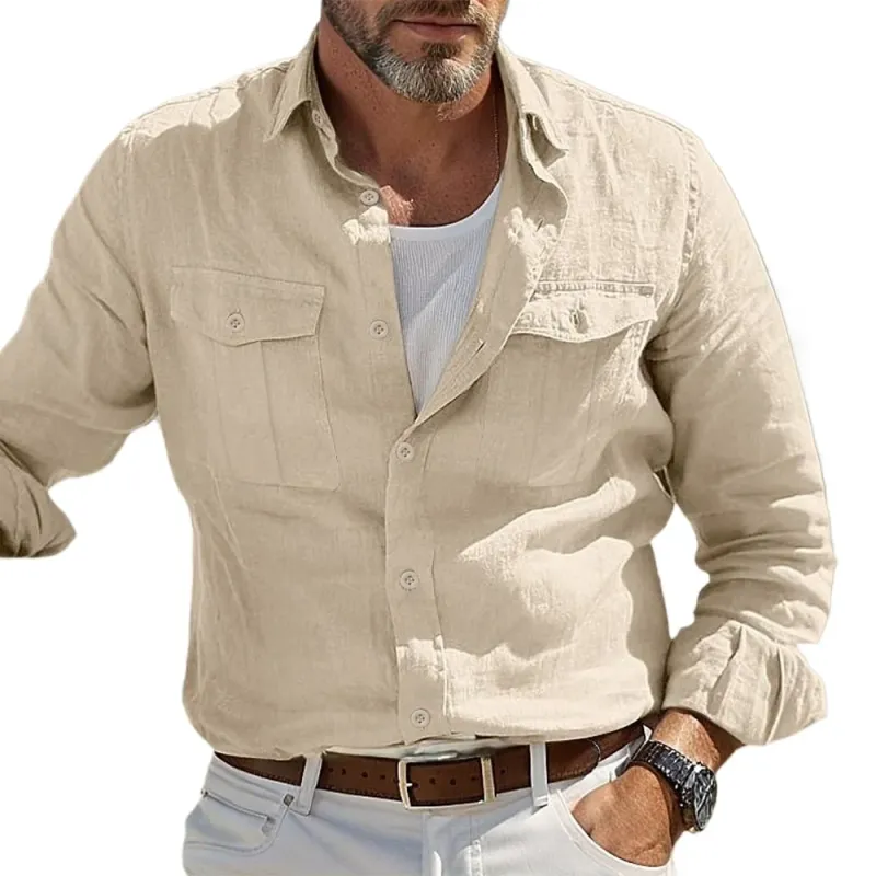 Camicie casual in cotone e lino per uomo, camicie hawaiane, traspiranti, tinta unita, stile basic, abbigliamento maschile_voghion.com