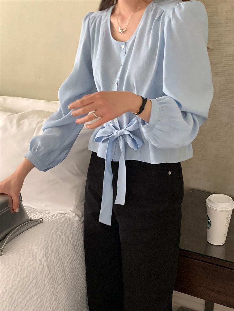 Korean chic 2024 spring/summer new design sense round neck bow tie waist cinching short long sleeved shirt on top_voghion.com