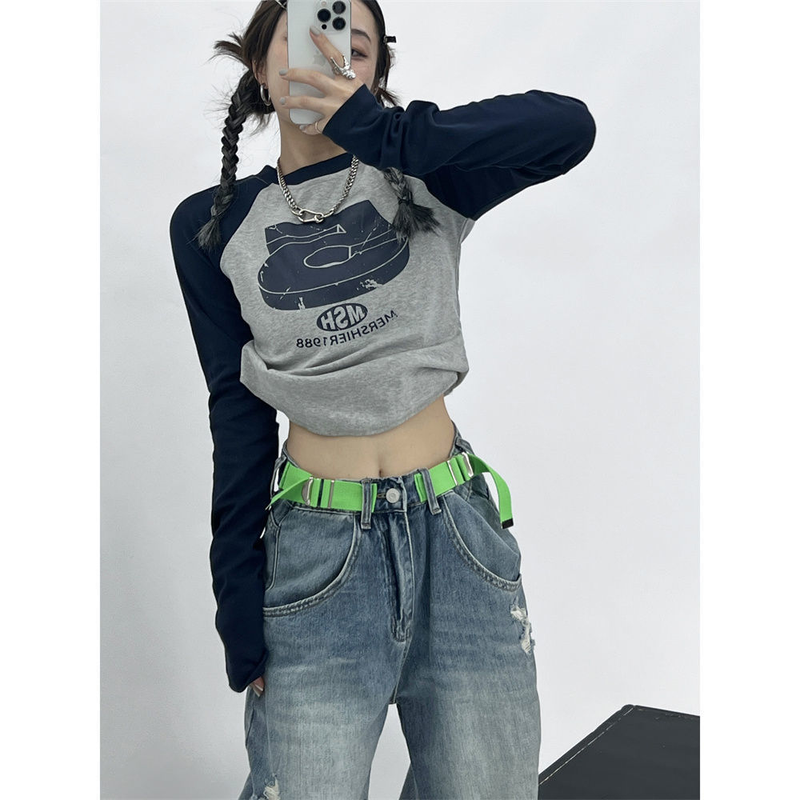 HOUZHOU Vintage Y2K Patchwork Groene T-shirts Vrouwen Hippie Streetwear T-shirts met lange mouwen Vrouwelijke Kpop Retro Herfst Crop_voghion.com