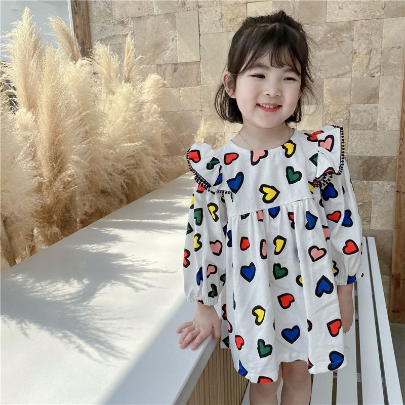 Rochie de fete cu imprimeu colorat de primăvară, dragoste, zburând, mânecă, prințesă, rochie de păpușă_voghion.com