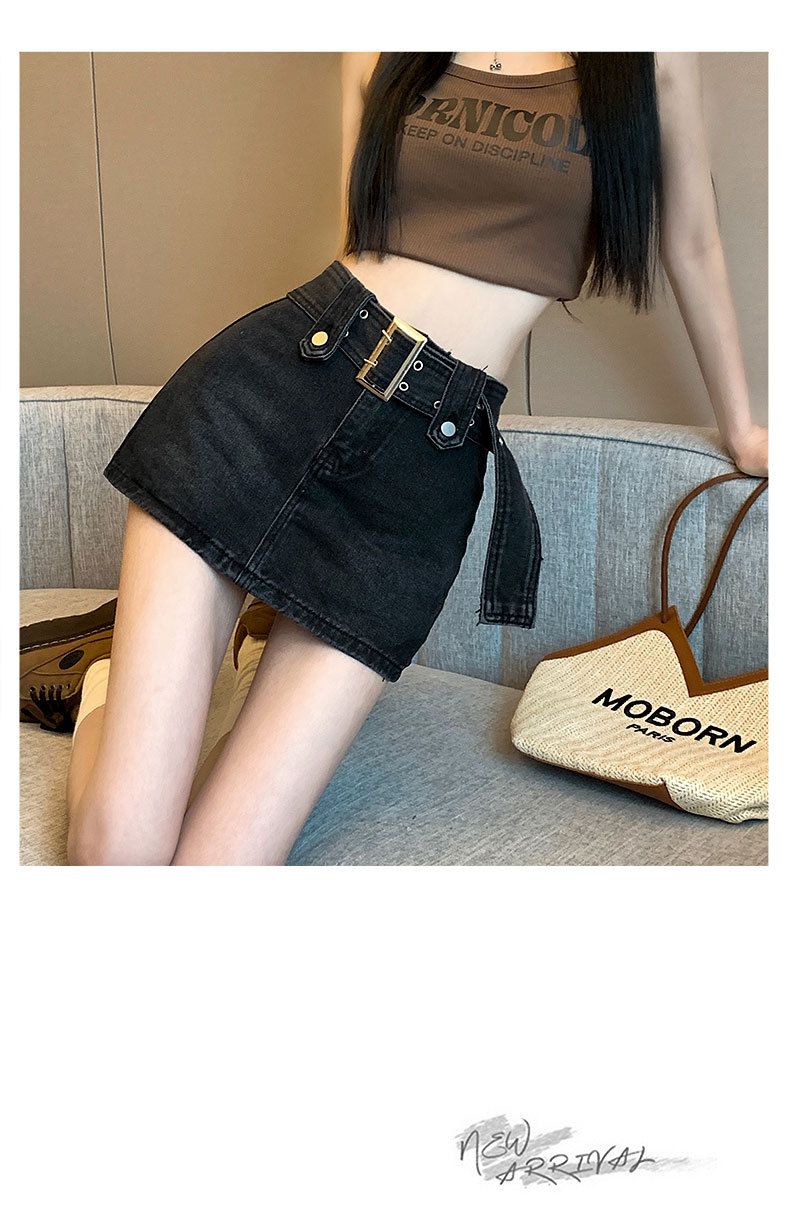 Black denim women's half length pants skirt, Instagram trendy new niche anti glare high waisted versatile A-line wrapped_voghion.com