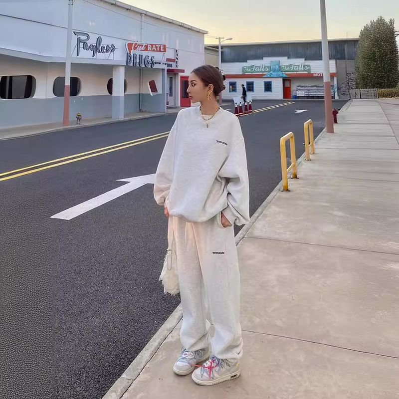 Kadınlar İçin Amerikan Tarzı Trend Gri Sweatshirt Seti, İlkbahar, Sonbahar, Kış, İnce Bol Tembel Rahat Jogger Pantolon_voghion.com