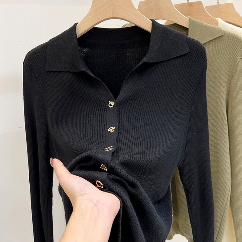 Women's Turn-Down Collar Knitted Long Sleeve Top - Soft Loose Fit Casual Blouse For Autumn & Spring_voghion.com