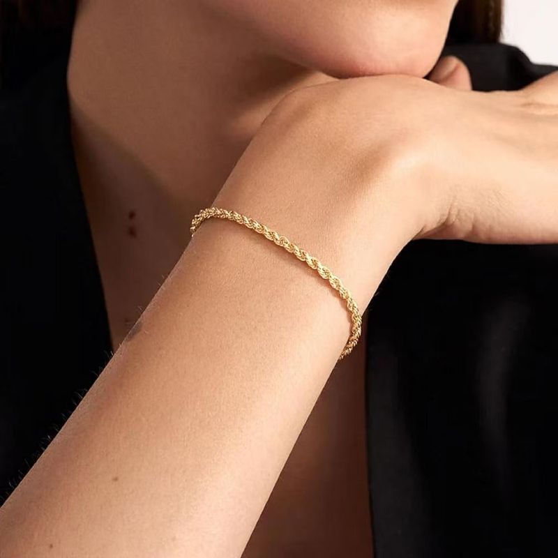 Pulseira de corrente de corda de ouro K galvanizada de 1,5 mm para mulheres, joias simples, pulseira de corrente de torção fina_voghion.com