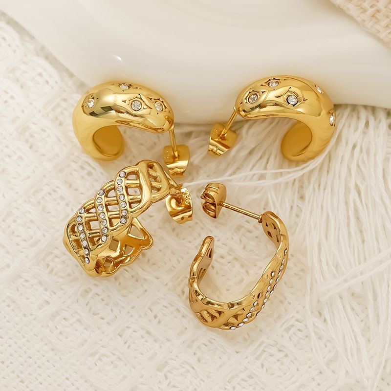 Orecchini unisex alla moda, semplici, leggeri e di lusso, in acciaio inossidabile a forma di C, con zirconio._voghion.com