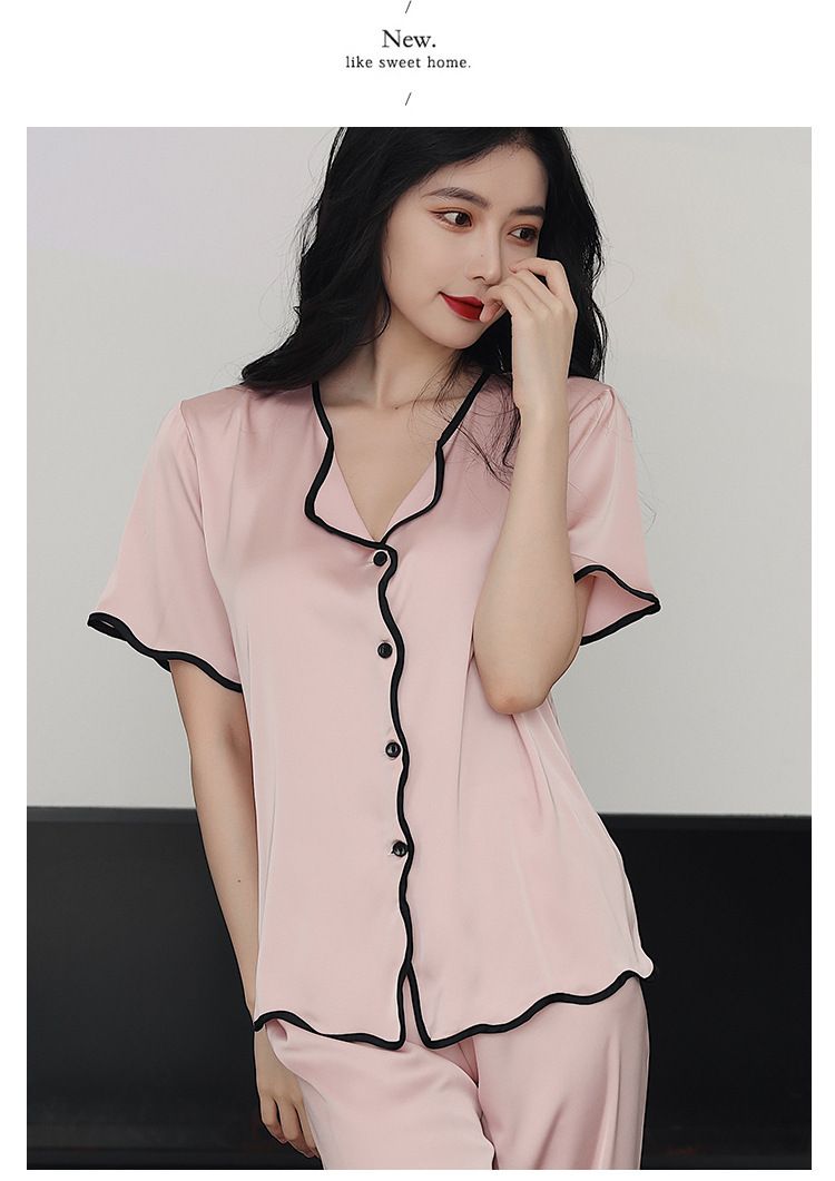 Nachtwäsche für Damen Seidenpyjama, kurzärmeliger Hosenanzug, große Größe, locker, einfarbig, mit Rüschen, lässige Heimkleidung_voghion.com