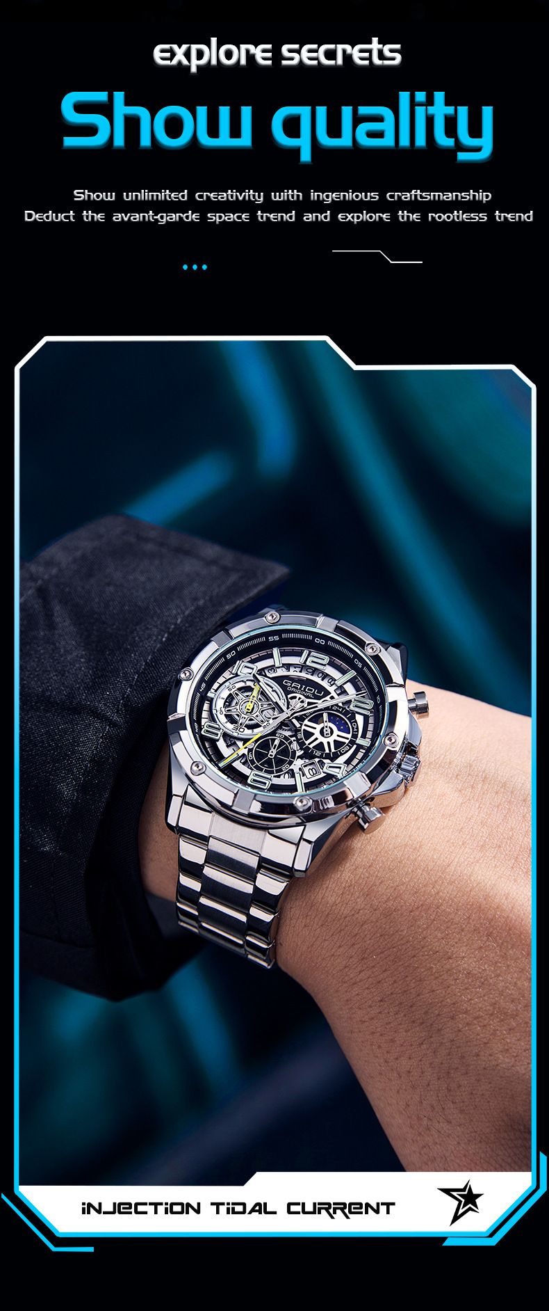 Reloj cronógrafo de negocios para hombre con manecillas luminosas, indicador de fecha y correa de acero inoxidable. Elegante caja de 42 mm y resistente al agua hasta 30 m._voghion.com