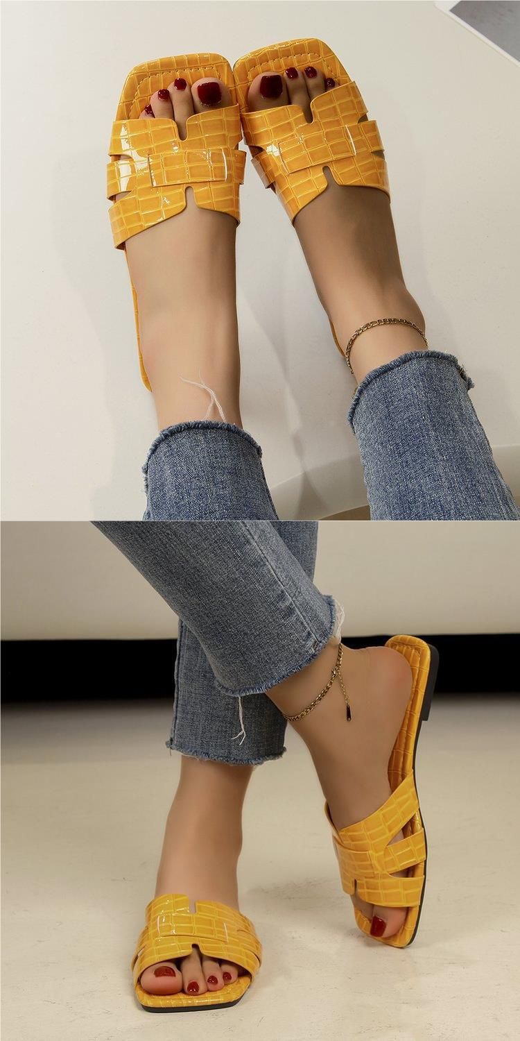 A Word Solid Color Flat Women's Slippers New Classic Stone Pattern Slip-on_voghion.com