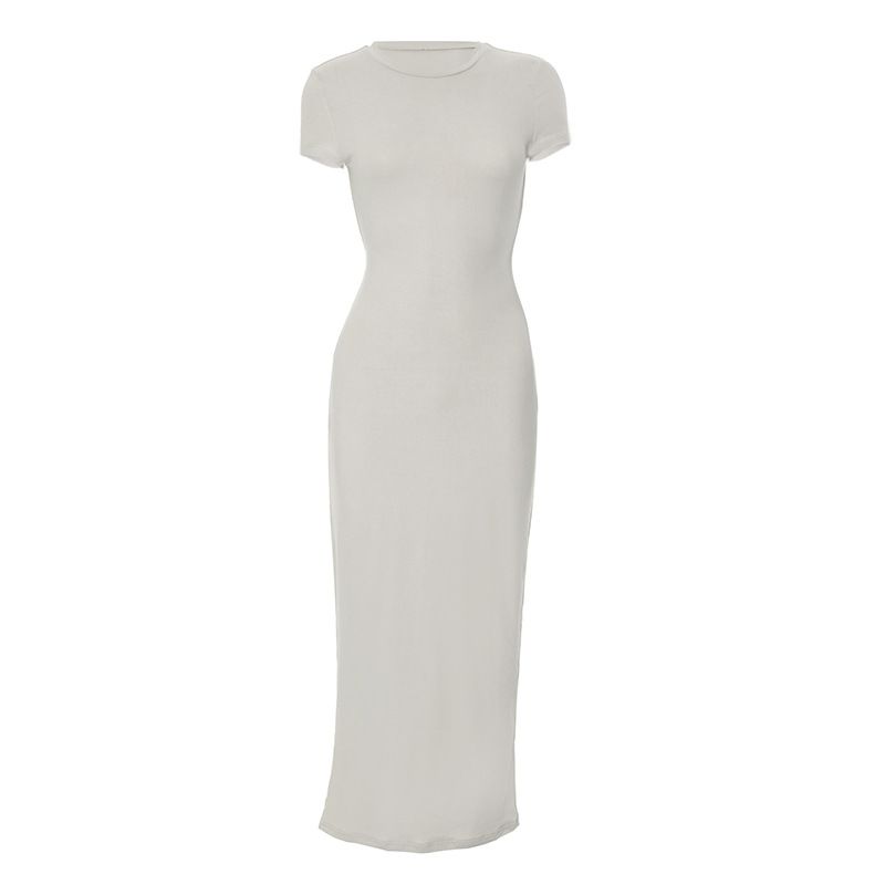 Abito da donna alla moda, a maniche corte, aderente, con scollo rotondo, tinta unita_voghion.com