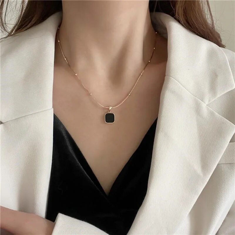 Hot Sales Stainless Steel Necklaces Black Exquisite Minimalist Square Pendant Choker Chains Fashion Necklace For Women Jewelry_voghion.com