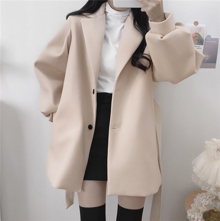 Hepburn style waistband woolen coat for women in autumn and winter 2023, black strappy woolen coat, thickened coat_voghion.com