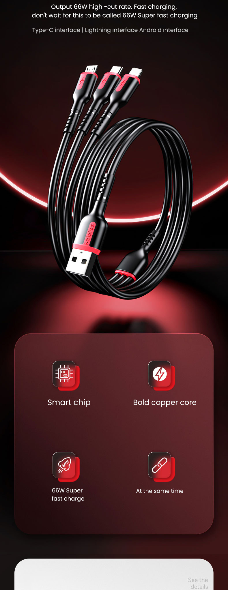 Câble USB C SuperCharge 3 en 1 6A, cordon de données Micro USB type-c à 8 broches, chargeur rapide pour iPhone Samsu able_voghion.com