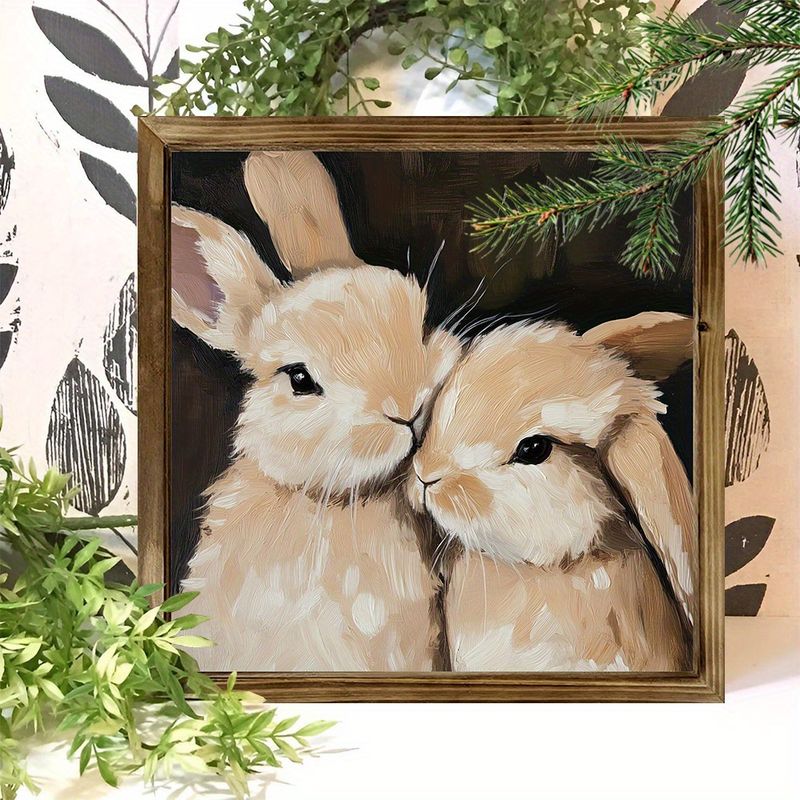 Affascinante decorazione da parete a forma di coniglietto rustico - 20x20 cm con cornice in legno e finitura lucida. Perfetta per la cameretta dei bambini, il soggiorno o come regalo di Pasqua._voghion.com