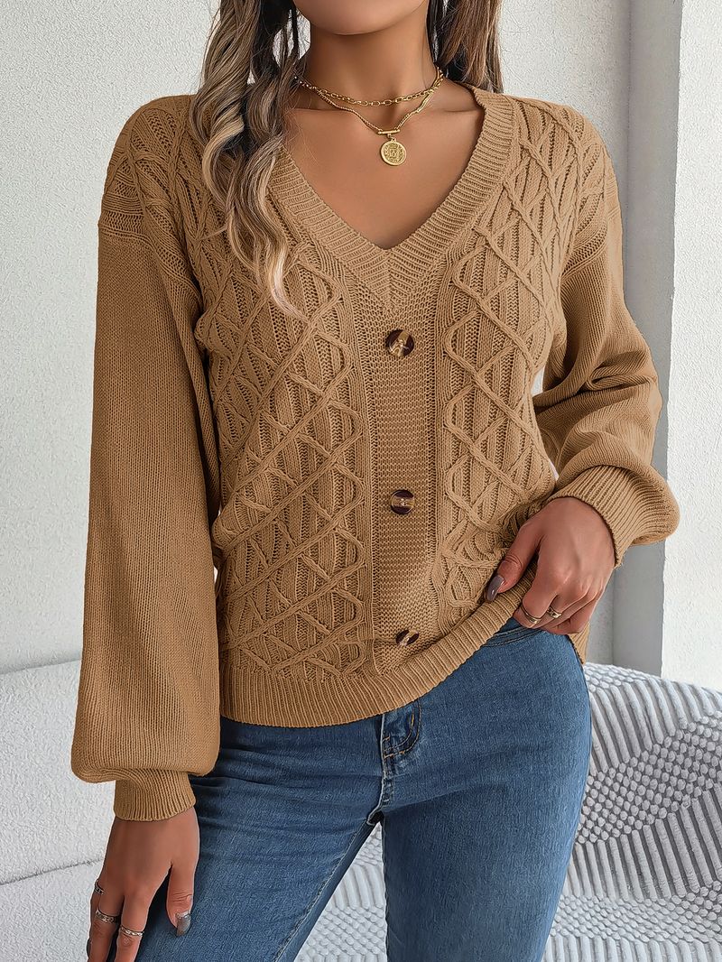 Maglione pullover con maniche a lanterna intrecciate e bottoni casual stile autunno inverno per donna_voghion.com