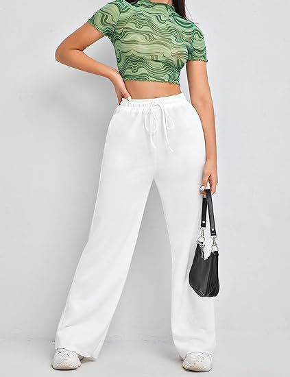 Pantaloni da jogging casual da donna, a vita alta, a gamba larga, con coulisse elastica, comodi pantaloni da salotto per l'uso quotidiano_voghion.com