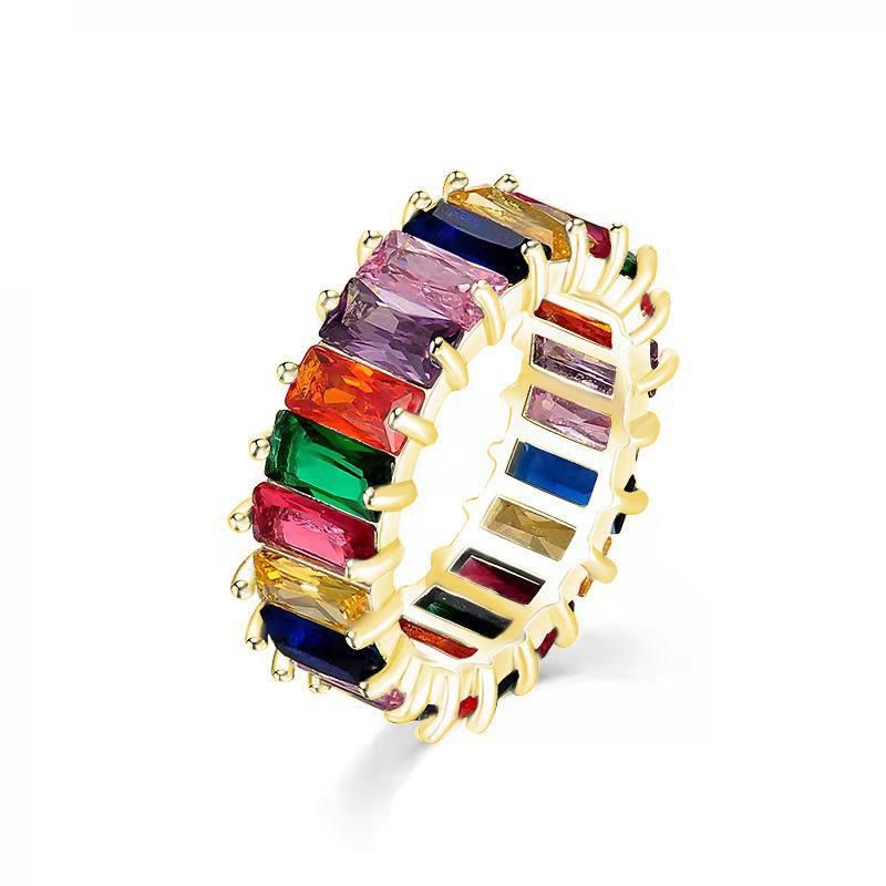Rechthoekige Zirkonia Sieraden Hip Hop Kleurrijke Gemengde Kleur Damesring_voghion.com