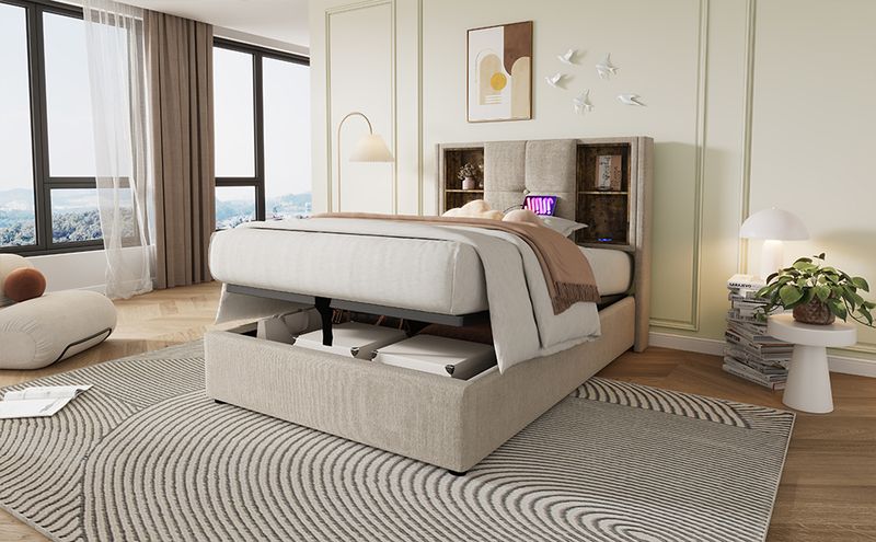 Lit simple avec recharge sans fil USB-C, cadre de lit rembourré avec rangement 90 x 200 cm, sommier à lattes en bois, tissu en lin naturel (avec matelas)_voghion.com