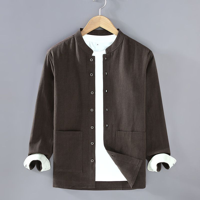 Giacca da lavoro in lino retrò da uomo, stile camicia con colletto rialzato, nuova collezione autunnale_voghion.com