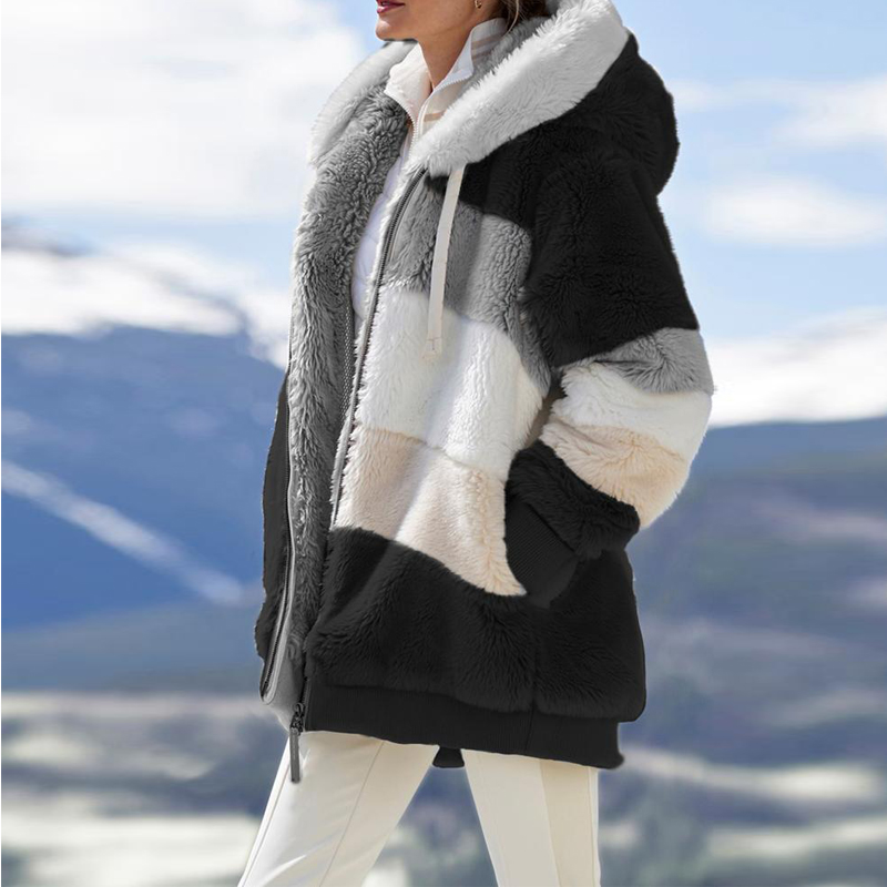 Abrigo de felpa de invierno 2021 para mujer, chaqueta con capucha y cremallera, informal, de gran tamaño, con cuadros, de piel, cálida, parka para mujer_voghion.com