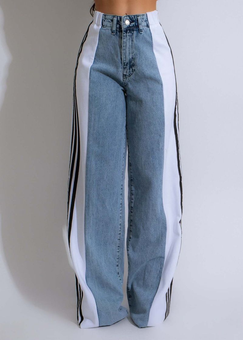 Ropa de mujer Pantalones vaqueros de pierna ancha con tres rayas y empalme de moda de verano Pantalones rectos elásticos de cintura alta informales nuevos para mujer_voghion.com