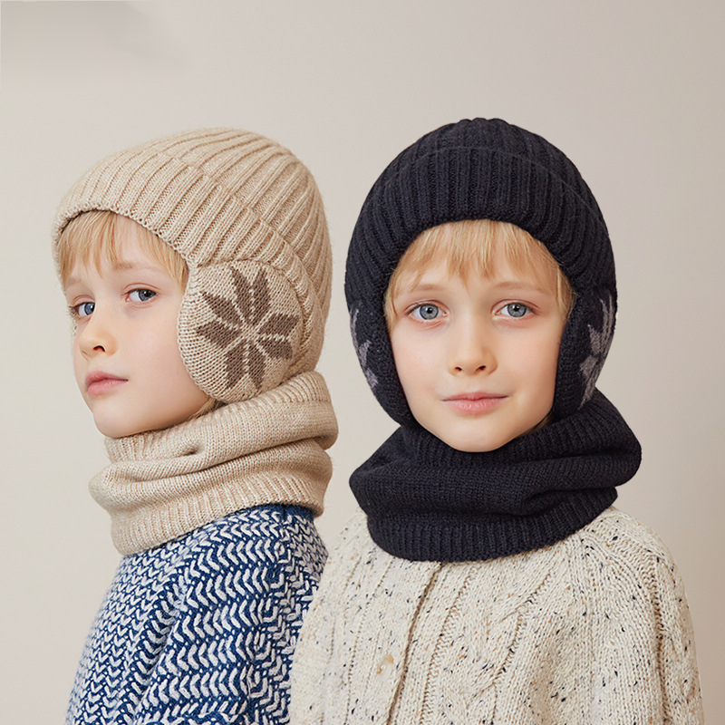 Cappello per bambini invernale in velluto con collo lavorato a maglia, berretto in lana per uomo e ragazza, caldo cappuccio con protezione per le orecchie_voghion.com
