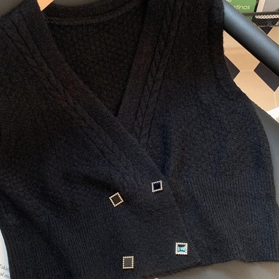 K V-Ausschnitt Pullover Cardigan für Damen; Ärmelloser Mantel für Damen_voghion.com