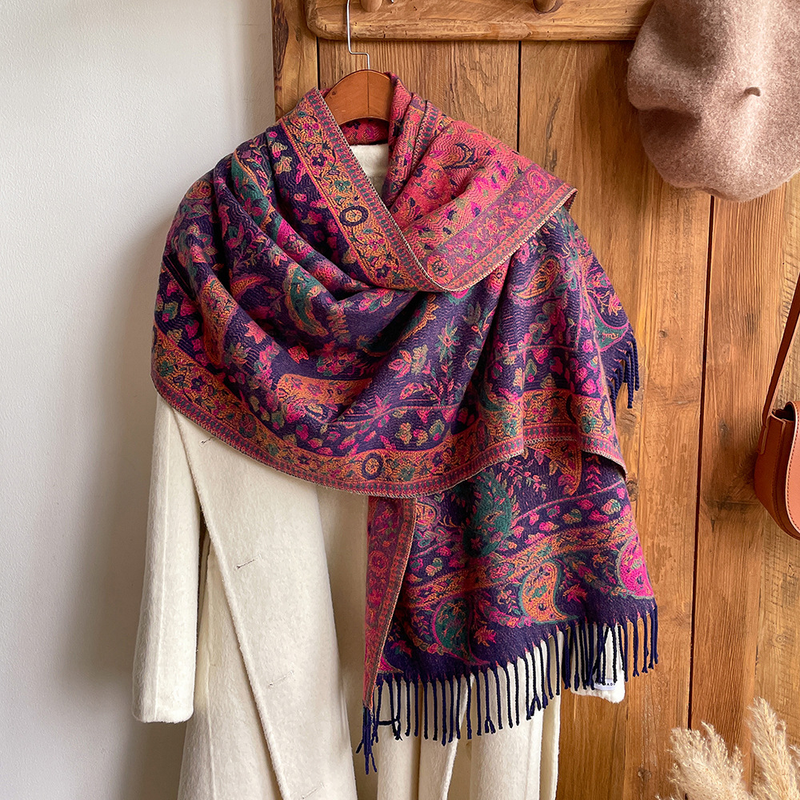 Sciarpa da turismo con fiori e frutta in stile etnico autunnale e invernale, da donna, in jacquard, con nappa, extra lungo, spesso_voghion.com