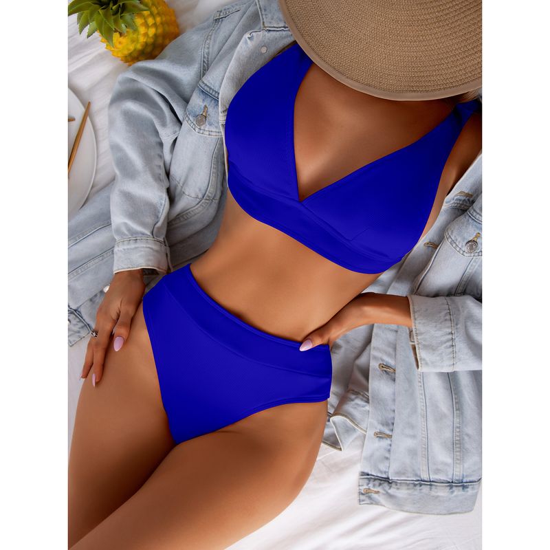 Verve New High-Waisted Small Ribbed Swimsuit For Women Solid Color Sexy Two-Piece Bikini Swimwear_voghion.com